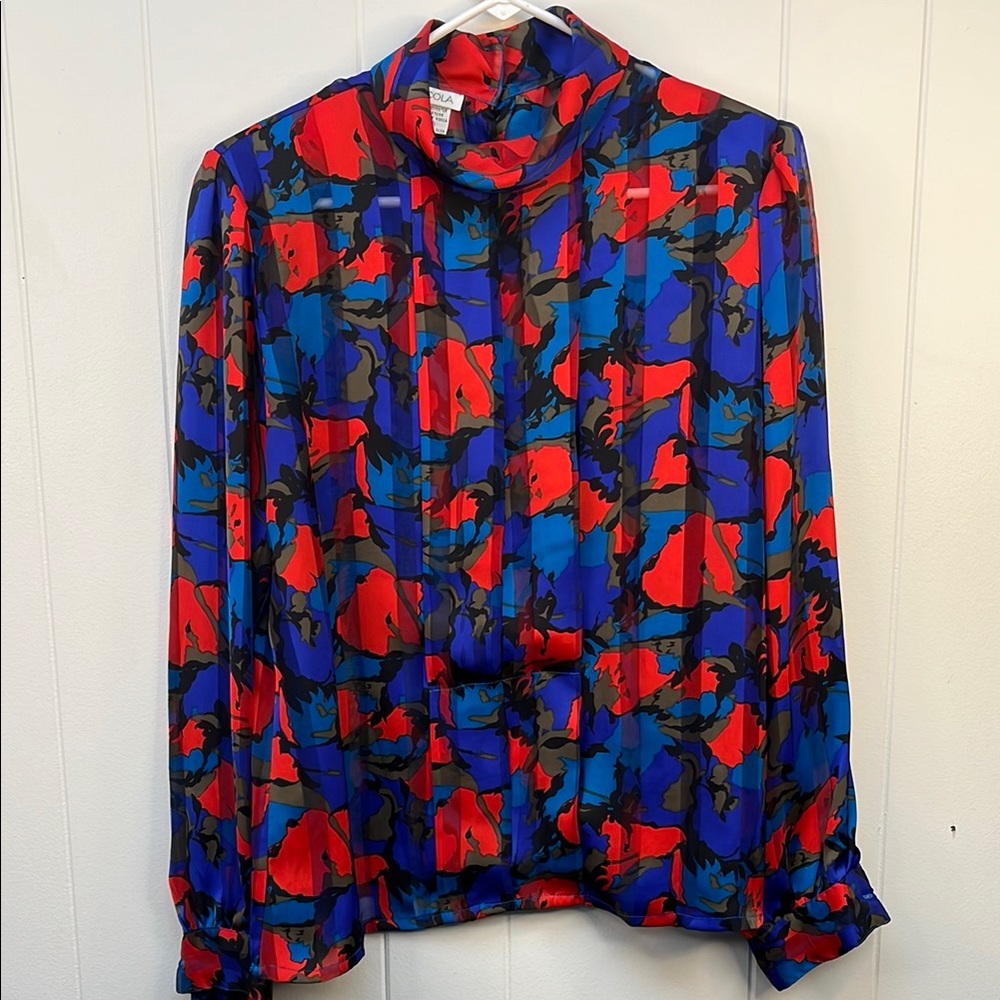 NICOLA Red and Blue Long Sleeve Graphic Blouse
